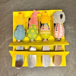 New Boston Warehouse Easter Egg Animal Cheese Spread Knives Set Yellow Holder